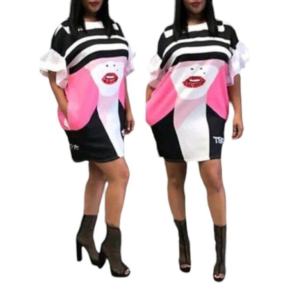 Bold Flutter Sleeve Stripe Red Sequin Lips Club Dress, Large - Picture 1 of 12